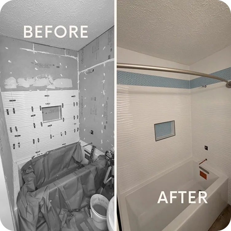 Before and after of a tub and shower remodel with accent tile by Barys Tile